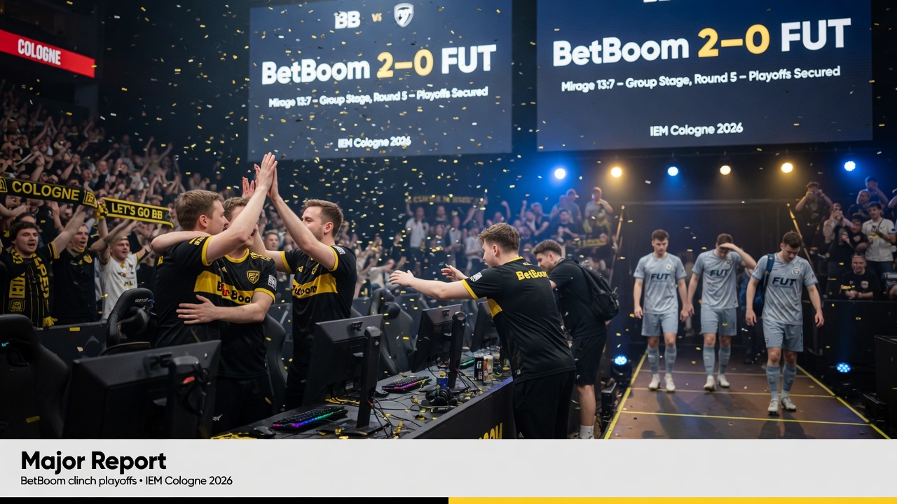 BetBoom Team celebrates on stage after defeating FUT Esports 2–0 at IEM Cologne Major